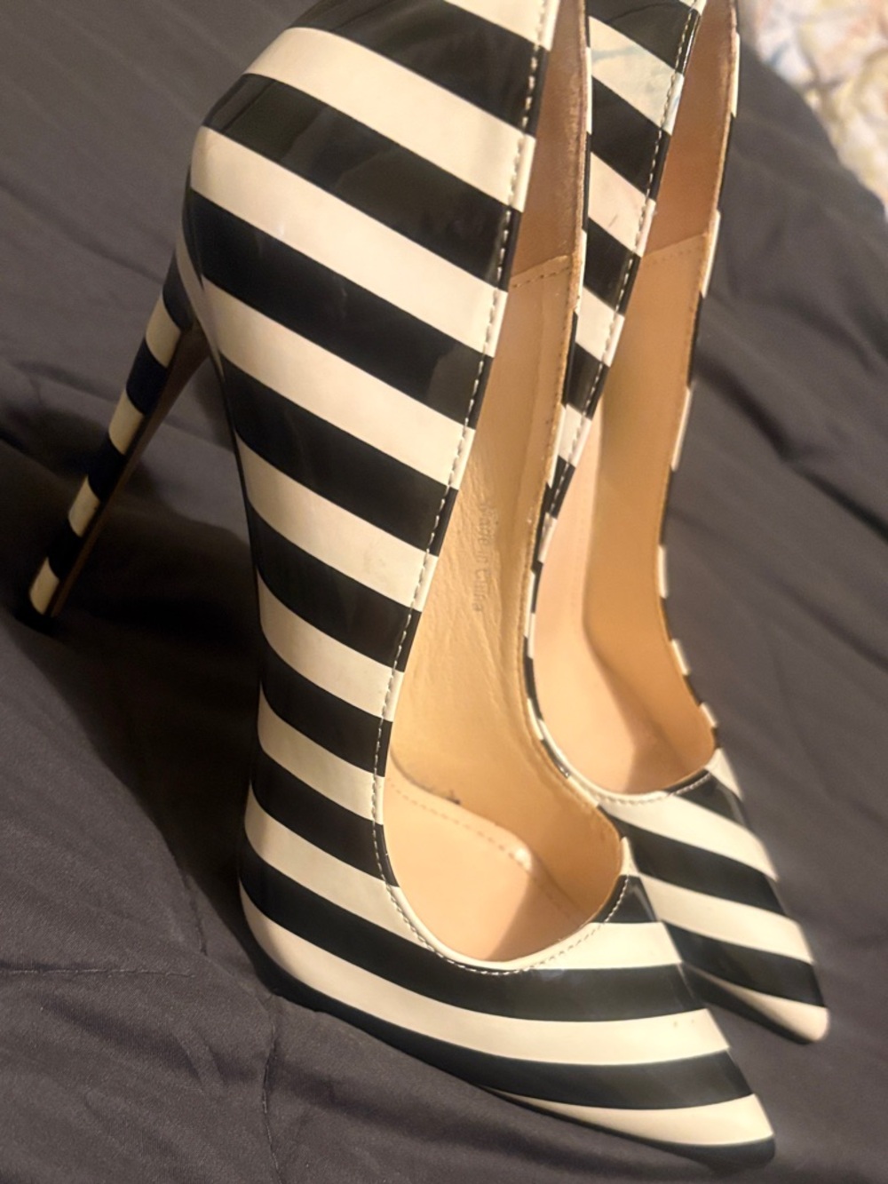 Striped Black and White Pointed Toe High Heels